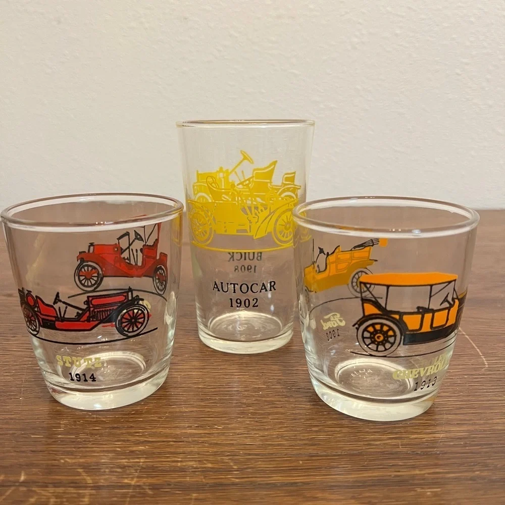 Set of 3 Vintage Libbey Classic Car Glasses Chevrolet, Stutz Mid-Century Barware